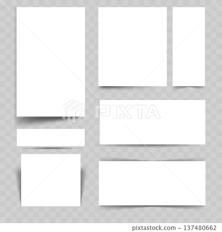 Realistic Blank Paper Mockup Set with Drop Shadows. Vector White Templates for Flyer, Business Card, or Invitation Presentation. Realistic Blank Paper Mockup Set with Drop Shadows. Vector White Templates for Flyer, Business Card, or Invitation Presentation. 137480662
