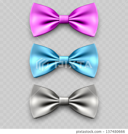 Realistic Satin Bow Tie Set. Vector Pink, Blue and Silver Silk Knots for Party or Formal Suit. Realistic Satin Bow Tie Set. Vector Pink, Blue and Silver Silk Knots for Party or Formal Suit. 137480666