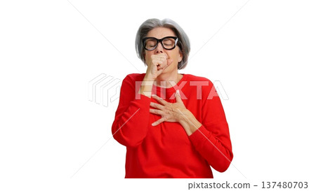 Senior woman coughing feeling chest pain on white background Senior woman coughing feeling chest pain on white background 137480703