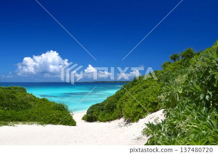 Miyakojima's tourist attraction: Sand dunes and blue sea at Sunayama Beach 137480720