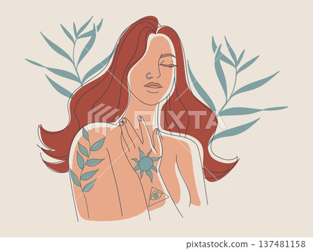 Boho style woman hand drawn abstract simple line, Female portrait and nature of tropical leaves with sacred magic, Symbol of mystery in minimal linear. Vector design illustration. 137481158
