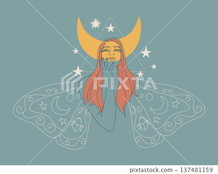 Boho style woman hand drawn abstract simple line, Female portrait and nocturnal butterfly wings with star sacred magic. Symbol of mystery in minimal linear. Vector design illustration. Boho style woman hand drawn abstract simple line, Female portrait and nocturnal butterfly wings with star sacred magic. Symbol of mystery in minimal linear. Vector design illustration. 137481159