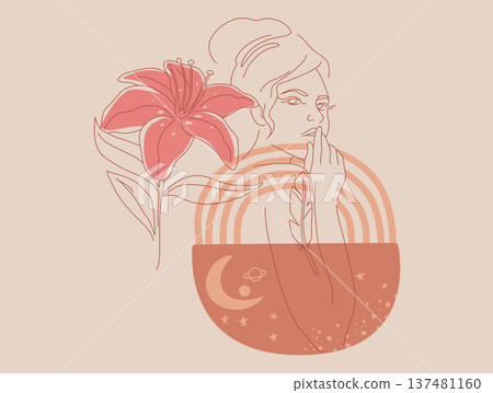 Boho style woman hand drawn abstract simple line, Female portrait and nature of tropical leaves, Symbol of mystery in minimal linear. Vector design illustration. 137481160