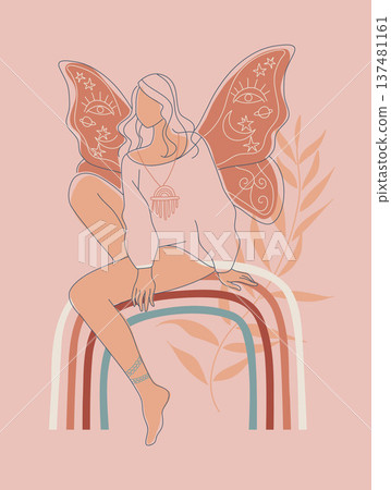 Boho style woman hand drawn abstract simple line, Female with butterfly wings with sacred magic is sitting and the nature of tropical leaves. Symbol of mystery in minimal linear style. Vector Boho style woman hand drawn abstract simple line, Female with butterfly wings with sacred magic is sitting and the nature of tropical leaves. Symbol of mystery in minimal linear style. Vector 137481161