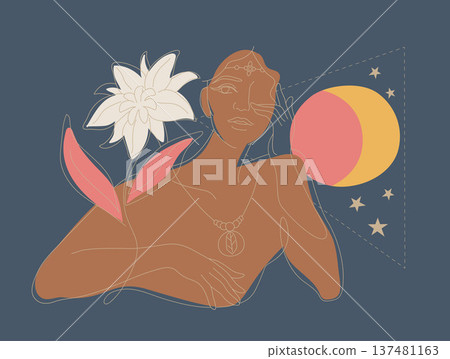 Boho style woman hand drawn abstract simple line, Female portrait and nature of tropical flower, Symbol of mystery in minimal linear. Vector design illustration. Boho style woman hand drawn abstract simple line, Female portrait and nature of tropical flower, Symbol of mystery in minimal linear. Vector design illustration. 137481163
