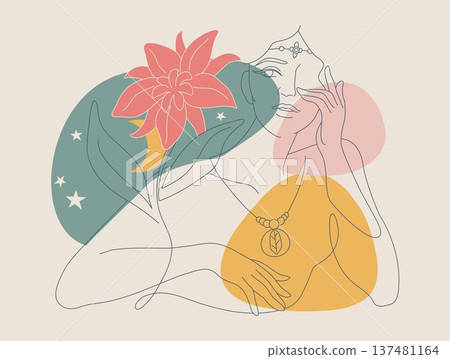 Female portrait and nature of tropical flower, Boho style woman hand drawn abstract simple line, Symbol of mystery in minimal linear. Vector design illustration. Female portrait and nature of tropical flower, Boho style woman hand drawn abstract simple line, Symbol of mystery in minimal linear. Vector design illustration. 137481164