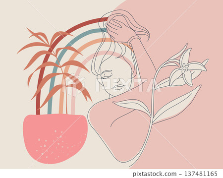 Female portrait and nature of tropical flower, Boho style woman hand drawn abstract simple line, Symbol of mystery in minimal linear. Vector design illustration. 137481165