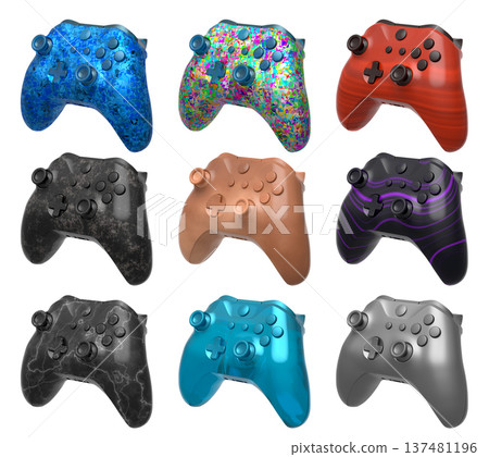Collection of gaming controllers isolated on white background with clipping path 137481196