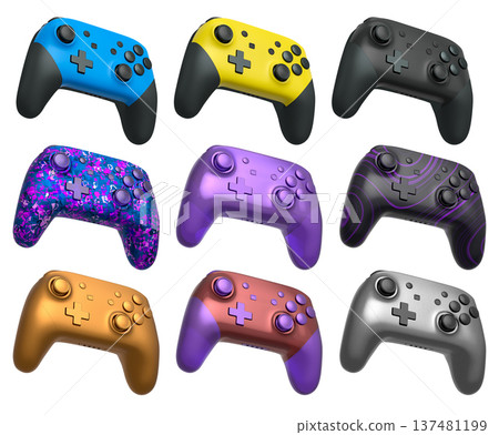 Collection of gaming controllers isolated on white background with clipping path 137481199