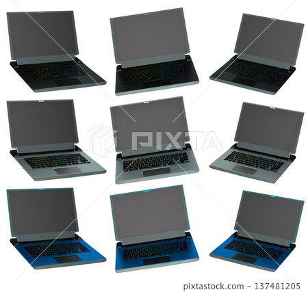 Set of modern laptops with rgb lights isolated on white background with clipping path. Set of modern laptops with rgb lights isolated on white background with clipping path. 137481205