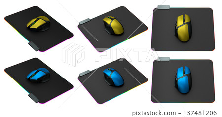 Set of wireless gaming computer mouse on pad isolated on white background Set of wireless gaming computer mouse on pad isolated on white background 137481206