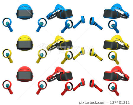 Virtual reality glasses and headset with controllers isolated on white background with clipping path Virtual reality glasses and headset with controllers isolated on white background with clipping path 137481211