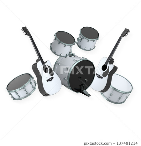 Set of electric acoustic guitars and drums with cymbals on white background Set of electric acoustic guitars and drums with cymbals on white background 137481214