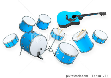 Set of electric acoustic guitars and drums with cymbals on white background Set of electric acoustic guitars and drums with cymbals on white background 137481215