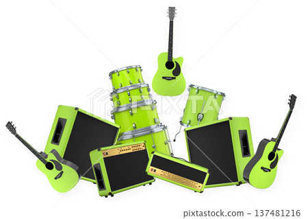 Set of electric acoustic guitars and drums with cymbals on white background Set of electric acoustic guitars and drums with cymbals on white background 137481216