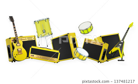 Set of electric acoustic guitars and drums with cymbals on white background Set of electric acoustic guitars and drums with cymbals on white background 137481217