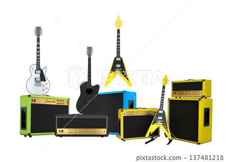 Set of electric acoustic guitars and drums with cymbals on white background Set of electric acoustic guitars and drums with cymbals on white background 137481218