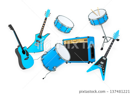 Set of electric acoustic guitars and drums with cymbals on white background Set of electric acoustic guitars and drums with cymbals on white background 137481221