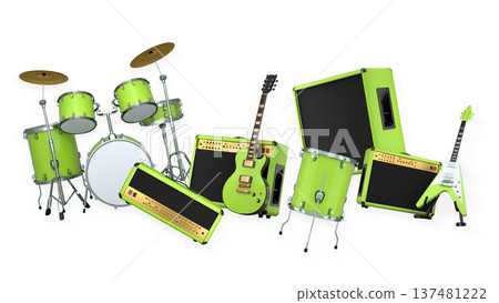 Set of electric acoustic guitars and drums with cymbals on white background Set of electric acoustic guitars and drums with cymbals on white background 137481222