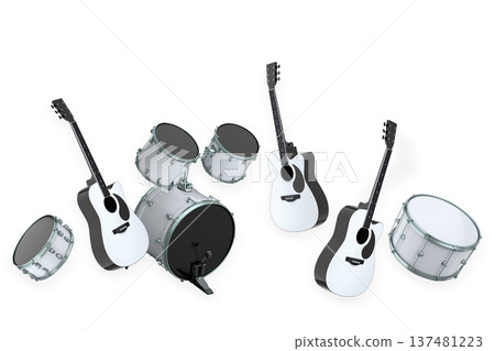 Set of electric acoustic guitars and drums with cymbals on white background Set of electric acoustic guitars and drums with cymbals on white background 137481223