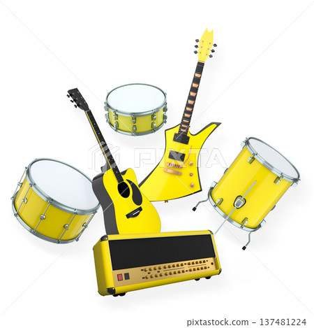 Set of electric acoustic guitars and drums with cymbals on white background Set of electric acoustic guitars and drums with cymbals on white background 137481224