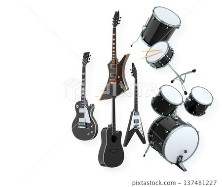 Set of electric acoustic guitars and drums with cymbals on white background Set of electric acoustic guitars and drums with cymbals on white background 137481227