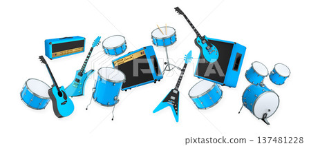 Set of electric acoustic guitars and drums with cymbals on white background Set of electric acoustic guitars and drums with cymbals on white background 137481228