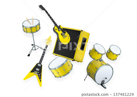 Set of electric acoustic guitars and drums with cymbals on white background 137481229
