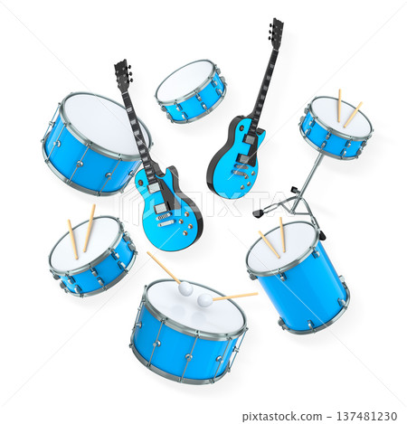 Set of electric acoustic guitars and drums with cymbals on white background Set of electric acoustic guitars and drums with cymbals on white background 137481230
