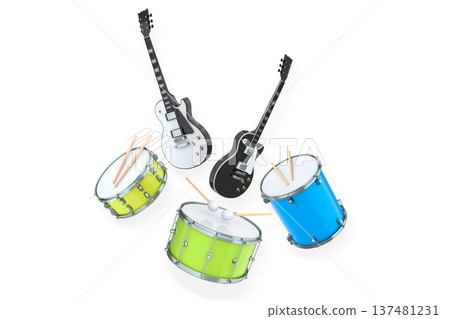 Set of electric acoustic guitars and drums with cymbals on white background 137481231