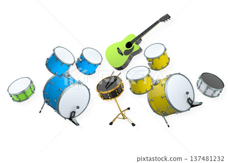 Set of electric acoustic guitars and drums with cymbals on white background Set of electric acoustic guitars and drums with cymbals on white background 137481232
