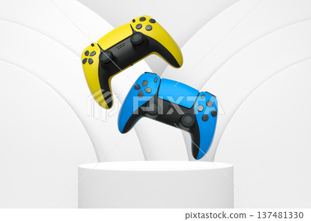 Colorful gaming controllers joystick levitating over podium against abstract background, minimalist concept device on pedestal 137481330