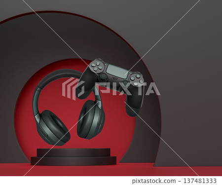 Wireless gaming controller and headphones displayed over podium on abstract background, concept of modern gaming technology 137481333