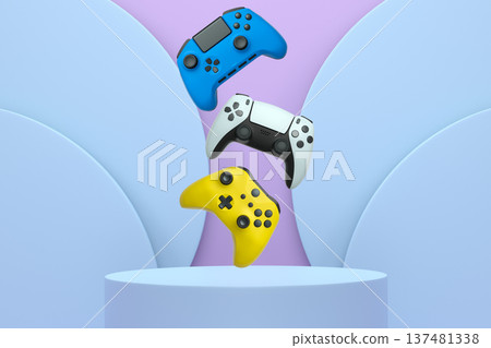 Colorful gaming controllers joystick levitating over podium against abstract background, minimalist concept device on pedestal Colorful gaming controllers joystick levitating over podium against abstract background, minimalist concept device on pedestal 137481338