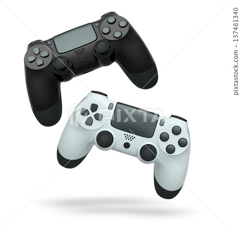 Wireless gaming controllers flying in air isolated on white background, symbolizing gaming technology concept 137481340