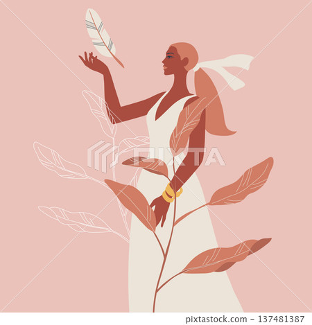 Boho sacred magic woman mystical symbol, Side view portrait female in a white dress with feathers, The nature of tropical leaves, Abstract portraits in pastel colors. Vector design. 137481387