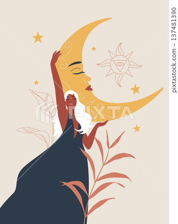 Boho sacred magic woman mystical symbol, Standing female holding the moon in a dark dress, Tropical leaf nature, Abstract image in pastel colors. Vector design illustration. Boho sacred magic woman mystical symbol, Standing female holding the moon in a dark dress, Tropical leaf nature, Abstract image in pastel colors. Vector design illustration. 137481390