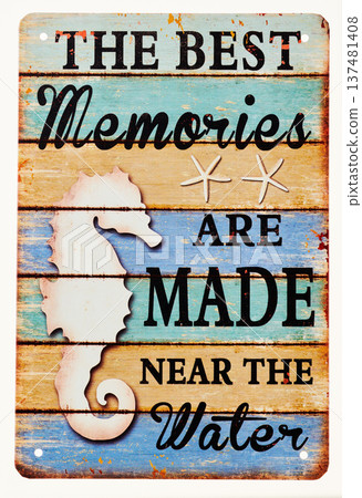 Vintage-style message sign with an ocean and seahorse theme cut out on a white background Vintage-style message sign with an ocean and seahorse theme cut out on a white background 137481408