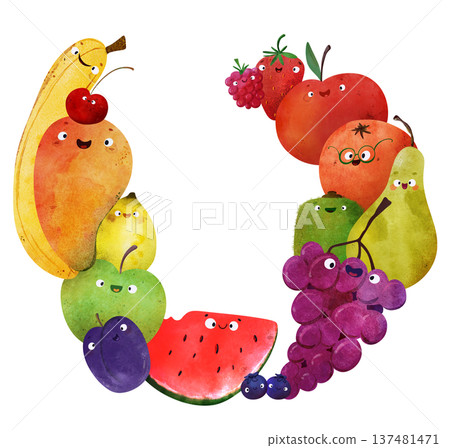 Cute fruit frame with happy faces: watermelon, banana, apple, pear, plum, kiwi, strawberry, berries, grapes. Ideal for posters, greeting cards, kids room decor, summer party, healthy food themes Cute fruit frame with happy faces: watermelon, banana, apple, pear, plum, kiwi, strawberry, berries, grapes. Ideal for posters, greeting cards, kids room decor, summer party, healthy food themes 137481471