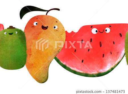 Seamless pattern with tropical fruits: happy mango, juicy watermelon slice, kiwi. Bright watercolor textures, playful faces. Perfect for baby shower, summer party, kids textiles, wallpaper, gift wrap Seamless pattern with tropical fruits: happy mango, juicy watermelon slice, kiwi. Bright watercolor textures, playful faces. Perfect for baby shower, summer party, kids textiles, wallpaper, gift wrap 137481473
