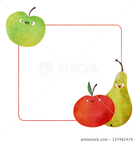 Fruit frame with happy smiling apple, red apple, green pear in children's illustration style. Ideal for kids invitations, posters, healthy food themes, summer party, menu templates, educational prints 137481474