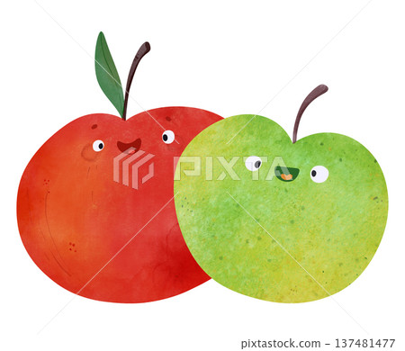 Cute fruit characters: green and red apple with eyes and smiles in children's illustration style. Ideal for posters, baby shower, healthy food themes, summer party, menu templates, educational prints Cute fruit characters: green and red apple with eyes and smiles in children's illustration style. Ideal for posters, baby shower, healthy food themes, summer party, menu templates, educational prints 137481477