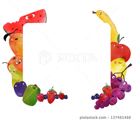 Cute fruit frame with happy faces: watermelon, banana, apple, pear, plum, kiwi, strawberry, berries, grapes. Ideal for posters, greeting cards, kids room decor, summer party, healthy food themes 137481488