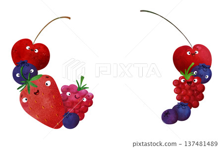 Berry border with smiling cherries, blueberries, strawberries, raspberries. Playful watercolor characters, vibrant colors. Ideal for kids invitations, posters, healthy food themes, summer party 137481489
