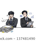 A businessman struggling with a pile of documents and a businessman using a tablet to improve efficiency 137481490