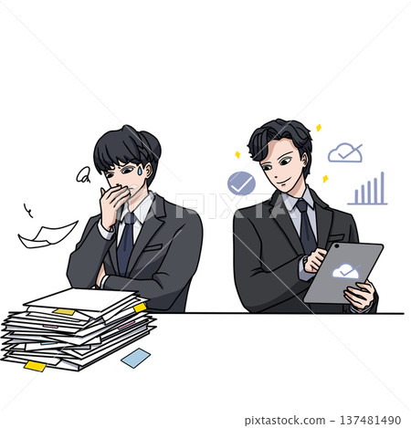 A businessman struggling with a pile of documents and a businessman using a tablet to improve efficiency 137481490