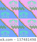 Seamless Geometric Peafowl Pattern with Pink and Blue Diagonal Split and Floral Accents 137481498