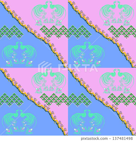 Seamless Geometric Peafowl Pattern with Pink and Blue Diagonal Split and Floral Accents Seamless Geometric Peafowl Pattern with Pink and Blue Diagonal Split and Floral Accents 137481498