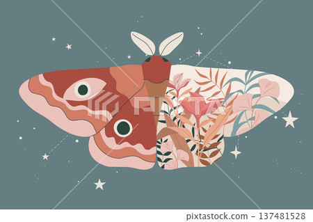 Night butterfly in boho line art style. Abstract moth and tropical leaf nature, Magic symbol and spiritual mysticism, Colorful background, Vector design illustration. 137481528