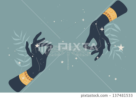 The hands of a woman casting spells, Black magic and nature of tropical leaves, Horoscopes and astrological predictions, Boho style with night dragonfly and divine stars. Vector design  137481533